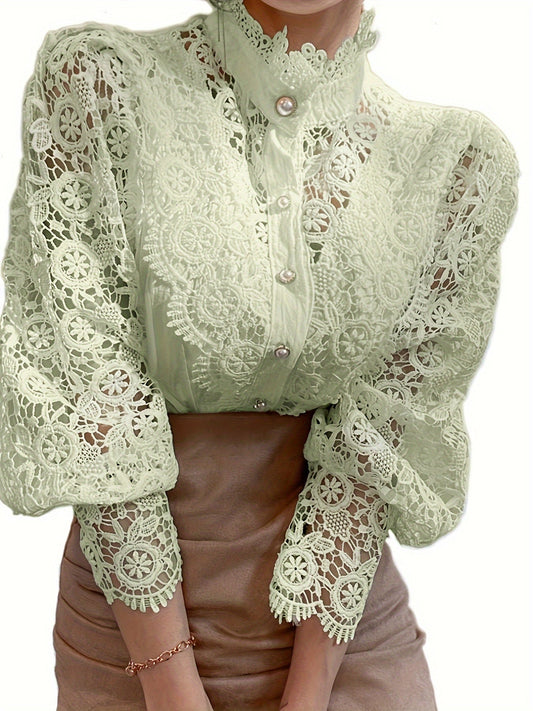 [Pearl Button Blouse] Pearl Button Elegant Victorian-Inspired Lace Blouse - Long Sleeve Mock Neck Green Polyester Pleated Design for Women, Perfect for Halloween Cosplay & Gothic Fashion SS69