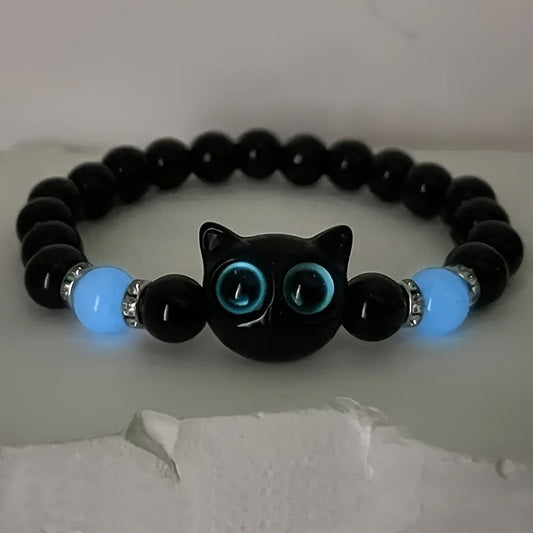 4pcs Light Up Cat Bead Bracelet + Multi-Layer Necklace, Vintage Cute Couple/ Friendship Light Up Adjustable Jewelry, Stretchy Black Bead Bracelet with Cat Decoration, Halloween/ Back-to-School Season SS69