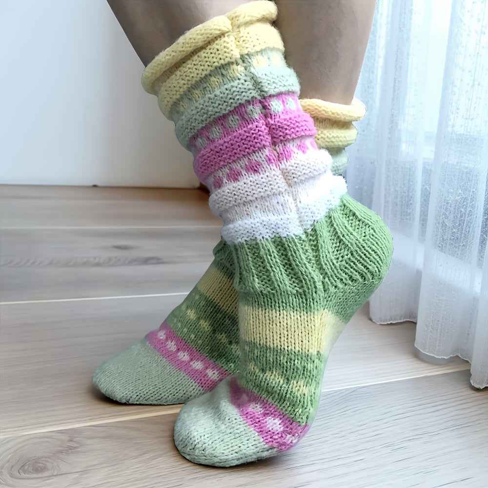 A Pair of Ins-Style Winter Women's Colorful Striped Crew Socks, Cross-Border Women's Mid-Calf Warm Color-Block Floor Socks, Cozy Footwear, Trendy Socks, Insstyle Fashion, Hand Wash Care, Durable Stitching, Women's Socks, Crew