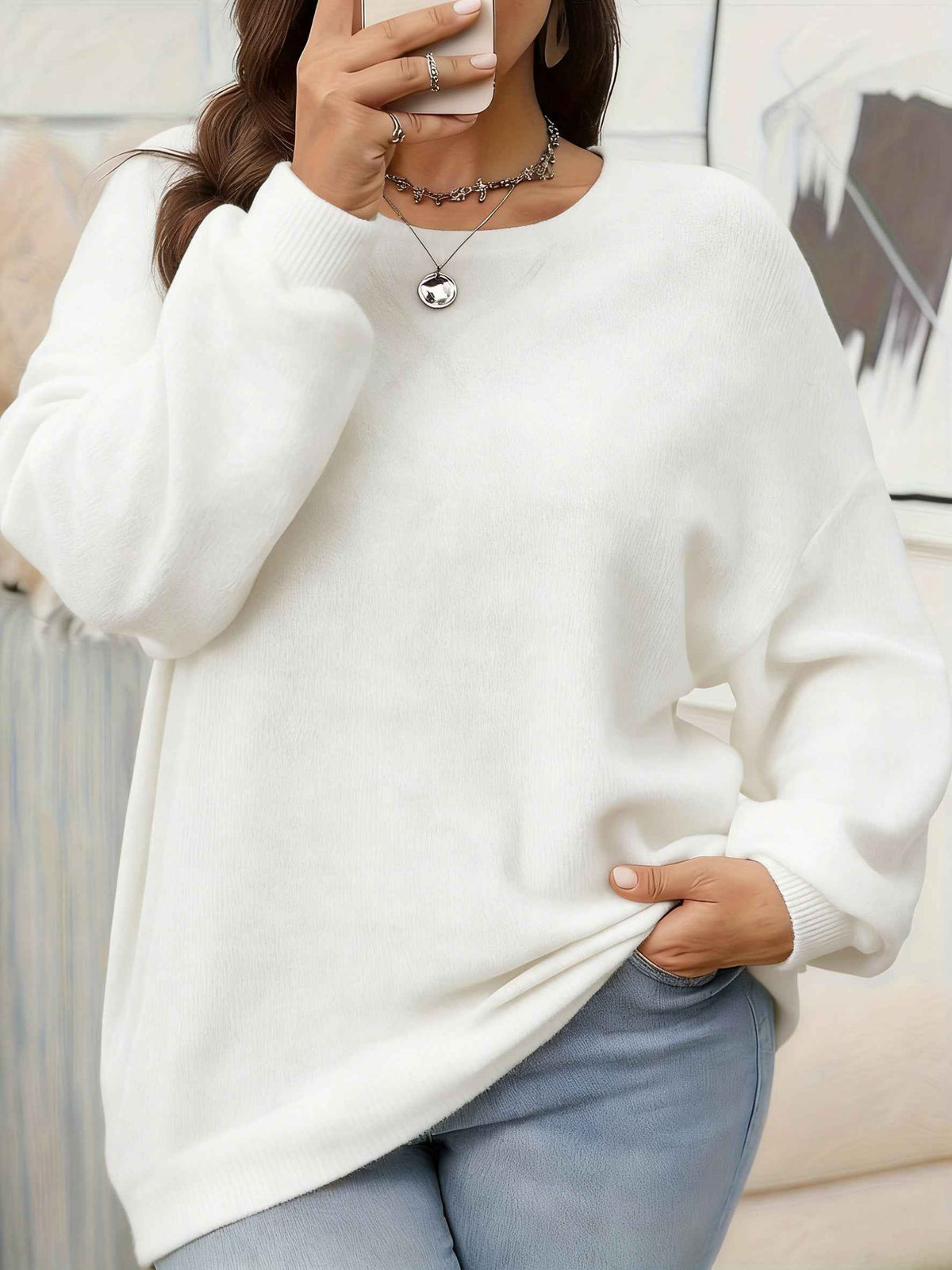 Plus Size - Women'S Solid Color Crew Neck Sweater | Casual Style, Medium Stretch Fabric, Ideal for Fall/Winter