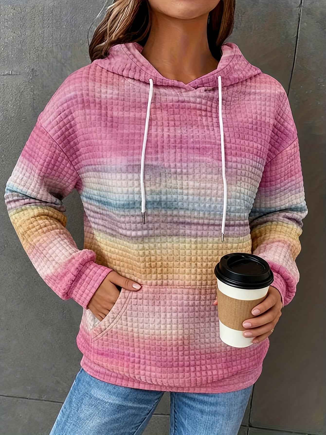 [Plus Size Hooded Sweatshirt] Plus Size - Plus Size - Plus Size - Plus Size - Women's Plus Size Hooded Sweatshirt - Pastel Rainbow Striped Pullover with Drawstring Hood, Soft Stretchy Fabric, Side Pockets - Cozy Fall/winter S