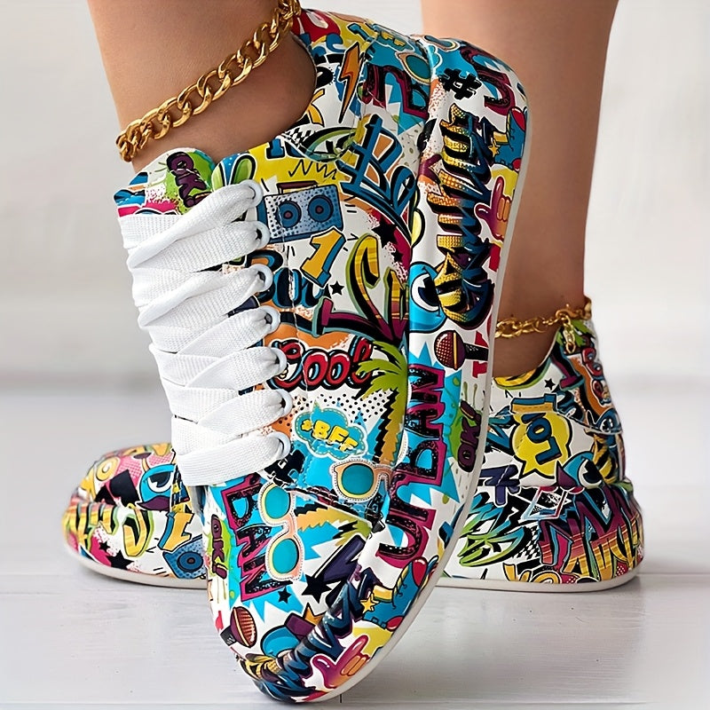 Casual Chic) Women's Vibrant Graffiti Print Lace-Up Sneakers - Low Top, Round Toe, All-Season Casual Shoes with Rubber Sole and Faux Cover Interior, Ladies Shoes SS69