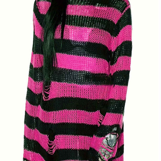 [Gothic Knitted Top] Gothic Long Loose-Fitting Knitted Top - Round Neck, Unique Torn Design with Contrasting Stripes