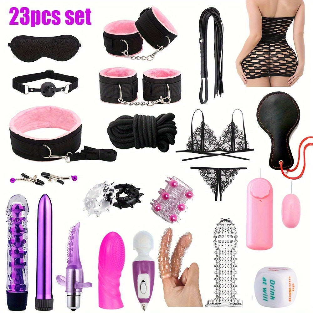 23pcs Bondage Sex Kit ForCouples-Beginners BDSMSet with Vibrators, Lingerie.Handcuffs, Whip, Blindfold & More SS69 34.69 black pink 23pcs