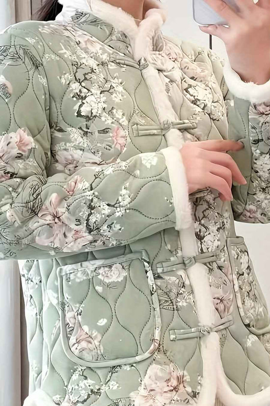 Plus Size, Women's Chinese Style Winter Coat with Cheona Collar (Standing Pronunciation) - Thick Padded Warm Jacket, Retro Button Front, Zipper Back Closure, Machine Washable Outerwear