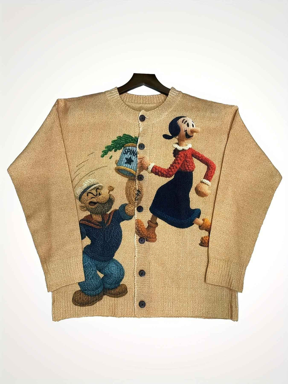 2D Printed Sweater with Vintage Pattern, Women's Lazy Style Cardigan for Autumn and Winter, Loose Fit Versatile Top, Popeye Print Fashionable Elegant Trendy Full Print Cardigan, 
