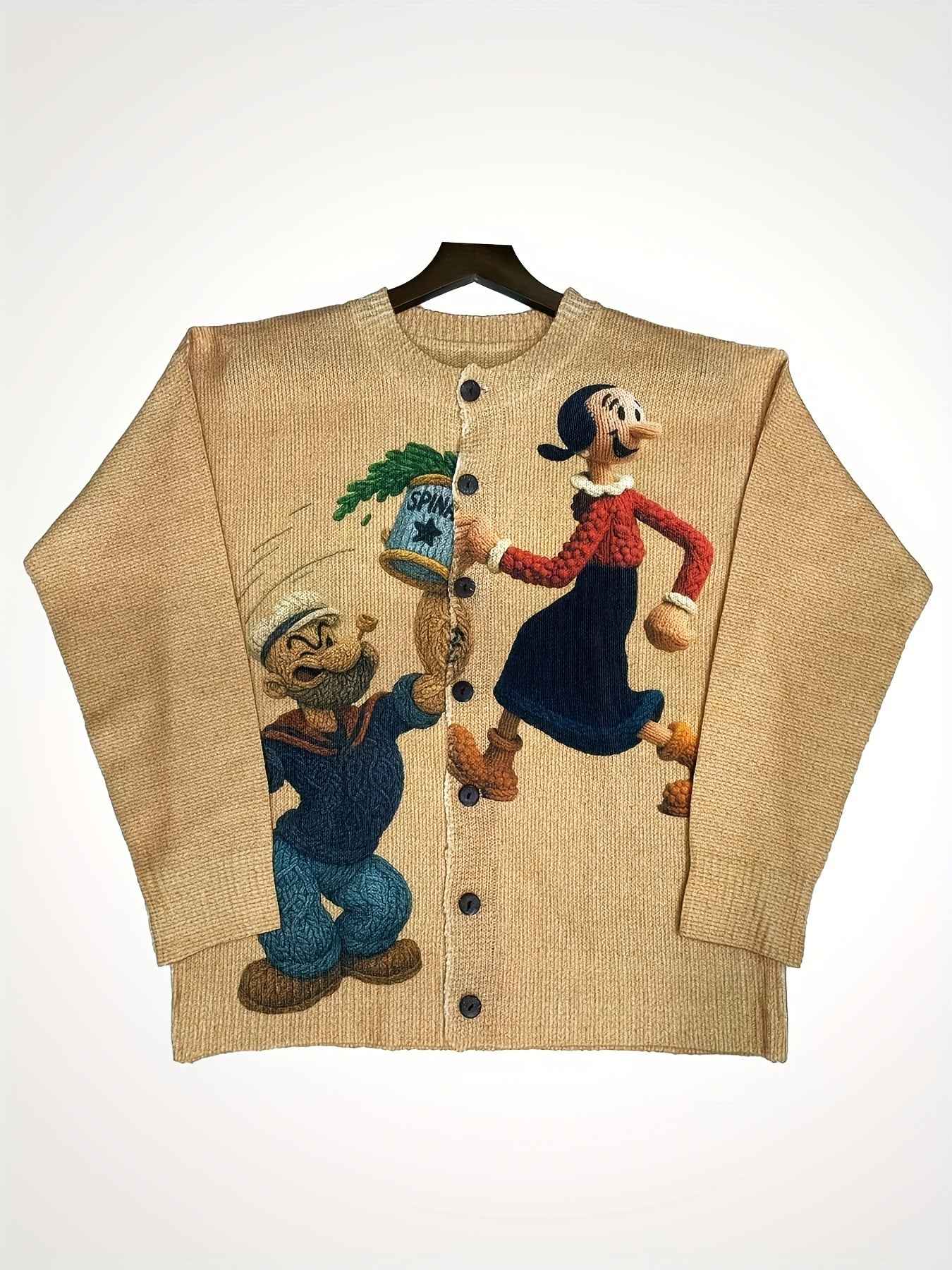 2D Printed Sweater with Vintage Pattern, Women's Lazy Style Cardigan for Autumn and Winter, Loose Fit Versatile Top, Popeye Print Fashionable Elegant Trendy Full Print Cardigan, "The First Gentle Cardigan of Early Autumn, 2D