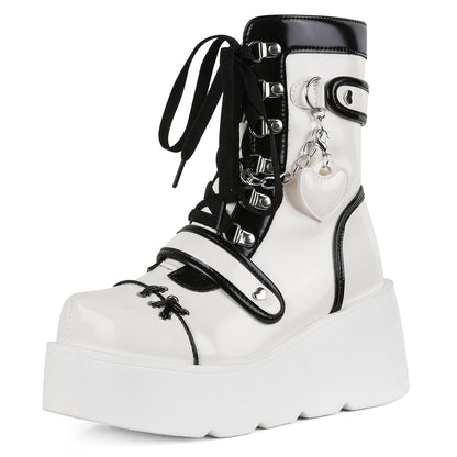 [Goth Rave High Heel Boots] Goth Rave High Heel Round Toe Zipper Wedges Mid Calf Booties - Platform Ankle Boots For Women - Kawaii Shoes SS69 56.69 US 10 / White
