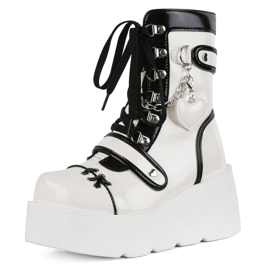 [Goth Rave High Heel Boots] Goth Rave High Heel Round Toe Zipper Wedges Mid Calf Booties - Platform Ankle Boots For Women - Kawaii Shoes SS69 56.69 US 10 / White