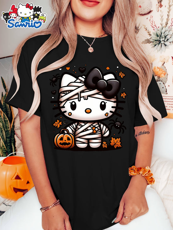 Sanrio Official Halloween Hello Kitty T-Shirt - Mummy Wrapped Graphic Tee with Orange Pumpkin, Casual Costume Party Outfit or Everyday Shirt for Women & Teens (S-XXL, Multi-Color Options) - Cute Sanrio Apparel, Halloween Clot SS69