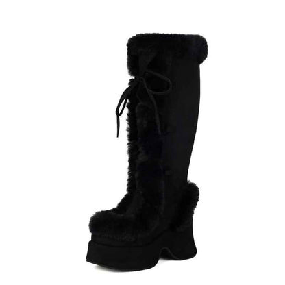 Women's Y2K Goth Boots/Faux Fur Knee-High Platform Winter/Chunky Heel & Lace-Up Closure/Warm Pink Furry Collar/Square Toe/Thick Rubber Sole & PU Cover/Cozy Snow Boots for Christmas, Parties & Casual Attire/Cold Weather Footwe