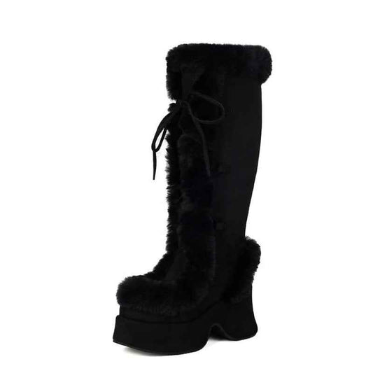 Women's Y2K Goth Boots/Faux Fur Knee-High Platform Winter/Chunky Heel & Lace-Up Closure/Warm Pink Furry Collar/Square Toe/Thick Rubber Sole & PU Cover/Cozy Snow Boots for Christmas, Parties & Casual Attire/Cold Weather Footwe