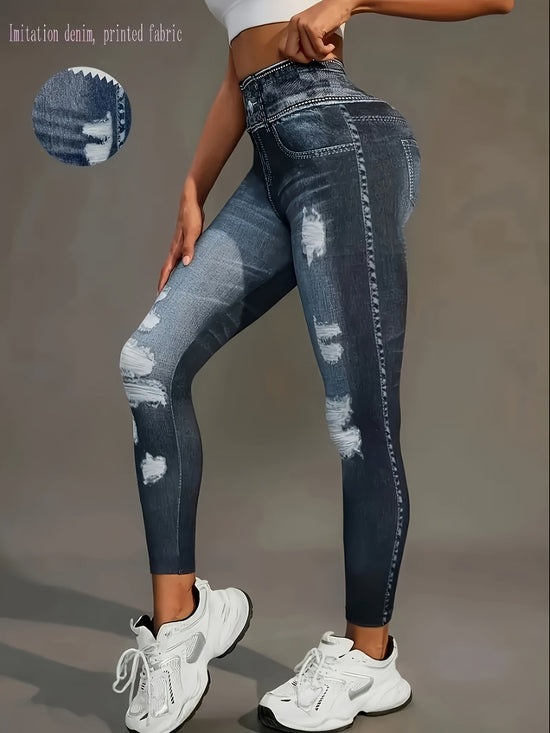 [Denim Print/Imitation Denim] Women's Imitation Denim Print Pants - Stretchy Polyester-Spandex Blend, Full-Body Distressed Design, Faux Pocket, Mid-Rise 9