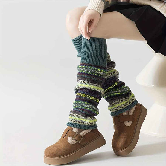 [Bohemian Leg Warmers] 1/2 Pair Women's Bohemian Leg Warmers - Cozy Geometric Pattern, Thick Warm Fleece-Lined Cuffs, Brown & Beige, Perfect for Fall & Winter, Winter Leg Warmers | Bohemian Style | Construction, Leg Warmers f