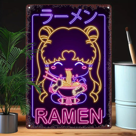 1pc Retro Japanese Ramen Girl Neon Sign - Contemporary Metal Wall Art, Multipurpose Decor for Bar, Cafe, Beach House & Backyard, No Electricity Needed, Easy Mounting, Anime Room Decor SS69