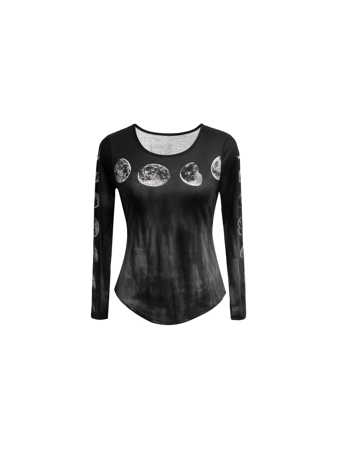 Women's Casual Moon & Star Planet Print Long Sleeve T-Shirt - Black Round Neck Top with Medium Stretch, Machine Washable, Spring Summer Fall Essential, Comfortable Clothing, Astronomical Theme, Nontransparent Fabric SS69