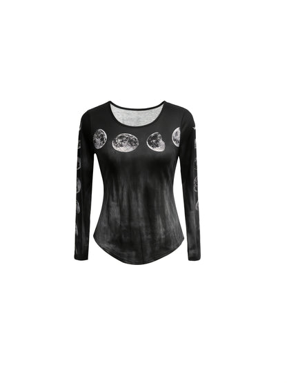 Women's Casual Moon & Star Planet Print Long Sleeve T-Shirt - Black Round Neck Top with Medium Stretch, Machine Washable, Spring Summer Fall Essential, Comfortable Clothing, Astronomical Theme, Nontransparent Fabric SS69