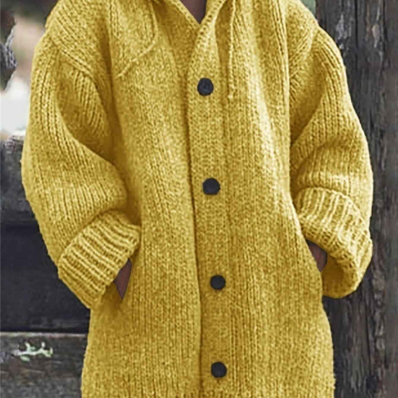 Plus Size, Plus Size Elegant Hooded Cardigan Jacket - 100% Winter Sweater Coat with Front Button Closure, Hooded Long Sweater Jacket Suitable for Fall/Winter, Brown/Navy/Red - Casual & Formal Wear, Machine Washable Cozy Outer