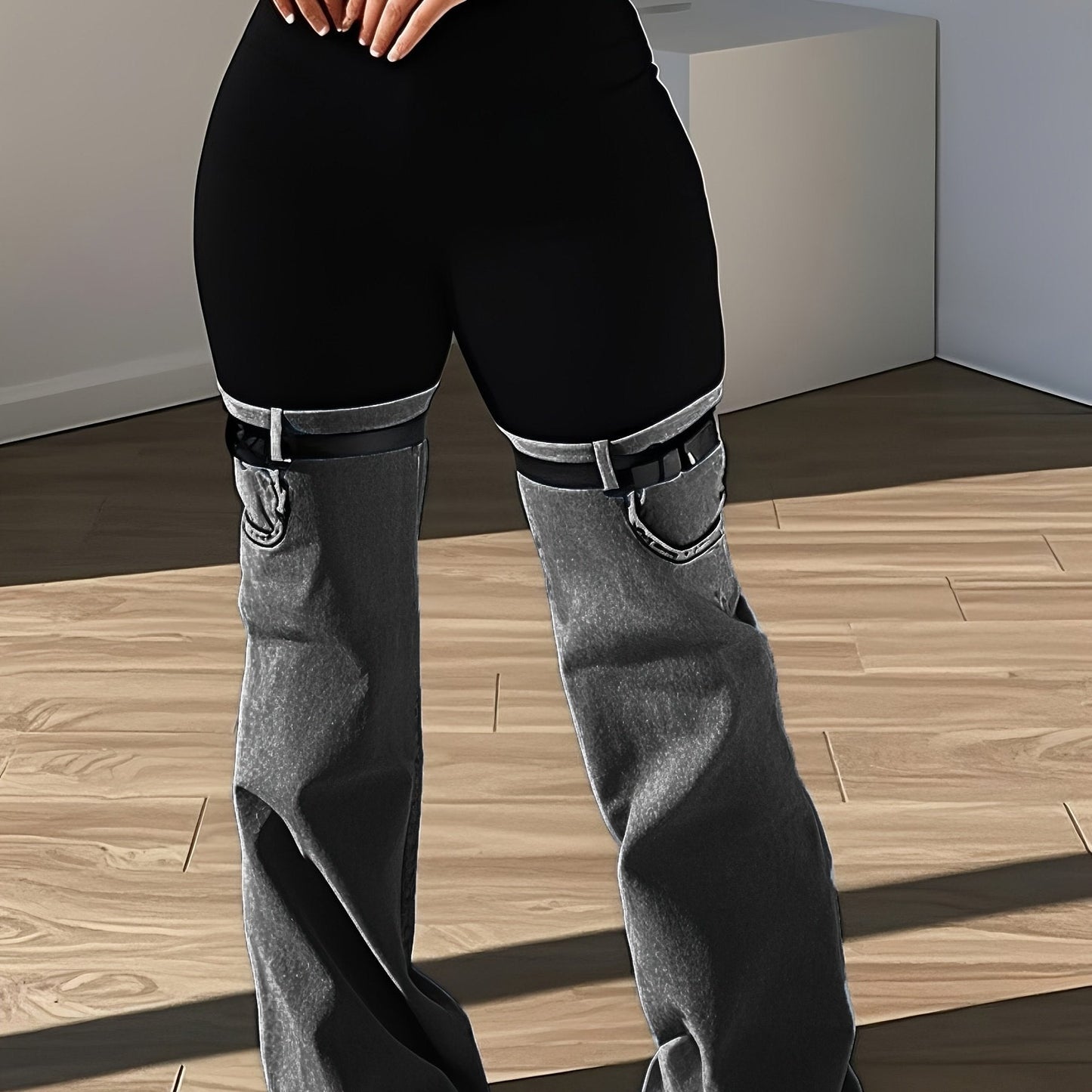 Trendy Two Tone High Elastic Waist Jeans - Women Patchwork Streetwear Style With Garter Belt Detail SS69 27.69 grey / S