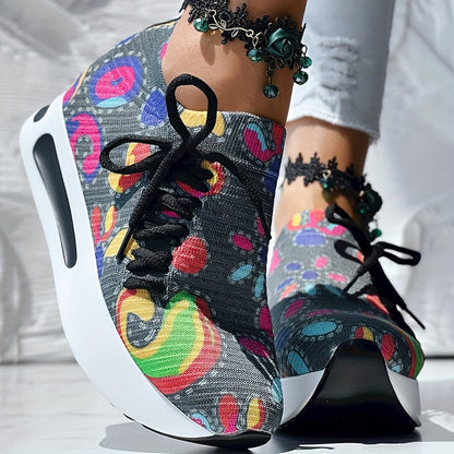Fabric Upper Low Top Women's Fashion Sneakers, Casual Lace-up Printed Shoes, MD Sole, Fabric Lining, Random Print, All-Season SS69