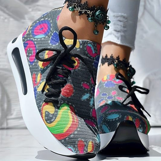 Fabric Upper Low Top Women's Fashion Sneakers, Casual Lace-up Printed Shoes, MD Sole, Fabric Lining, Random Print, All-Season SS69