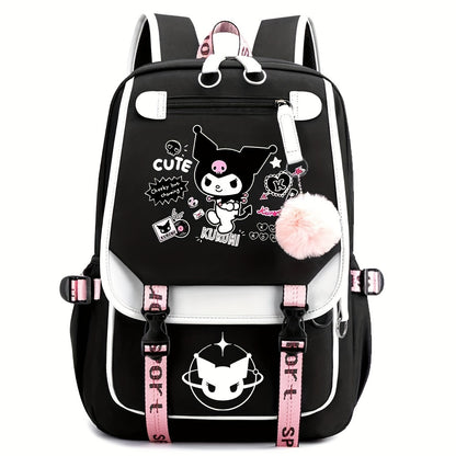 Sanrio for kuromi Backpack - Cute Cartoon Laptop Bag with Pink Bows, Large Capacity Travel Backpack for Women, Durable Polyester Lining, Multiple Compartments, Black/White, Backpack for Travel, Casual Daypack, Playful Design,