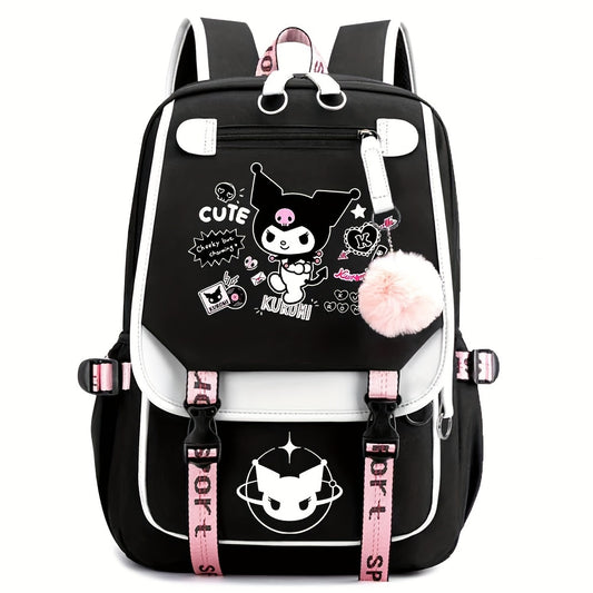 Sanrio for kuromi Backpack - Cute Cartoon Laptop Bag with Pink Bows, Large Capacity Travel Backpack for Women, Durable Polyester Lining, Multiple Compartments, Black/White, Backpack for Travel, Casual Daypack, Playful Design,