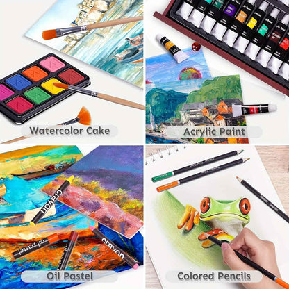175pcs Deluxe Art Set With 2 Drawing Pads, Crayons, Acrylic Paints, Colored Pencils Set In Wooden Case, Professional Art Kit, Paint Supplies, Gift, Christmas & Halloween, Back To School