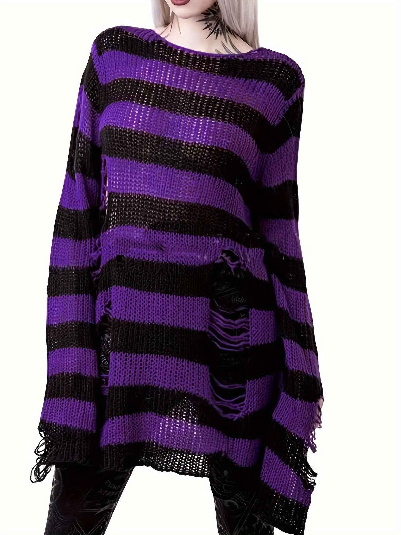 [Gothic Knitted Top] Gothic Long Loose-Fitting Knitted Top - Round Neck, Unique Torn Design with Contrasting Stripes