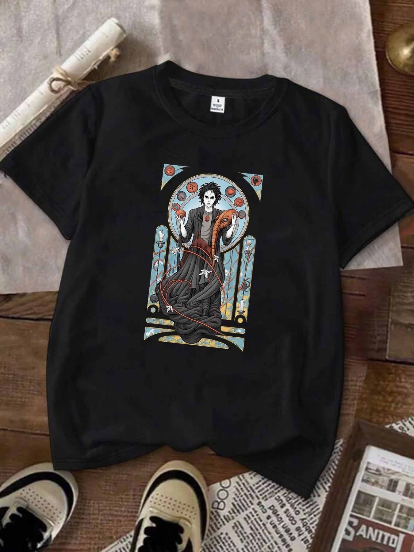 Women's Gothic Sandman Graphic T-Shirt - Tim -Inspired Dreaming Sandman Holding Mask Print, Black Short Sleeve Round Neck Casual Summer Top, Medium-Stretch Machine-Washable Fabric for Themed Events & Casual Attire SS69