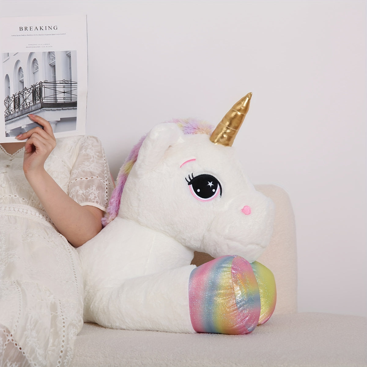 Giant Unicorn Plush Toy, White Soft & Cuddly Stuffed Animal with Rainbow Mane, Playful Design, Perfect Birthday Christmas or Halloween Gift for Youngsters Girlfriend or Boys, 44
