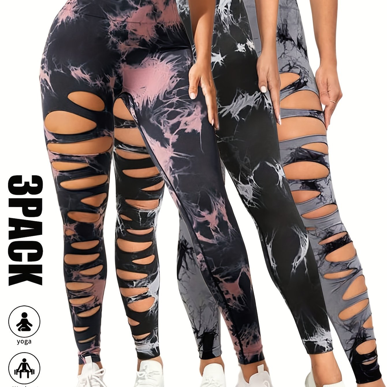3 Pack High Waist Tie Dye Cutout Yoga Leggings - Scrunch Butt Lifting, Tummy Control, Elastic Workout Pants for Women SS69 42.69 3 Pack-GRY-BPN-BWH / S