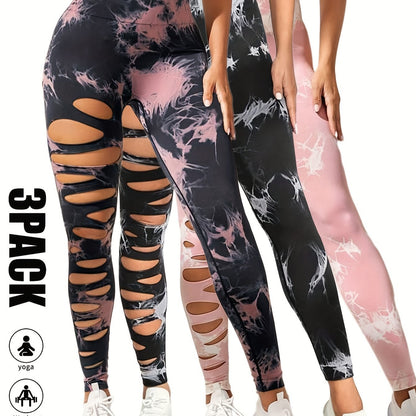 3 Pack High Waist Tie Dye Cutout Yoga Leggings - Scrunch Butt Lifting, Tummy Control, Elastic Workout Pants for Women SS69 42.69 3 Pack-BPN-BWH-PNK / L