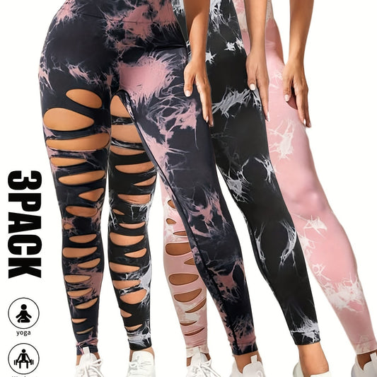 3 Pack High Waist Tie Dye Cutout Yoga Leggings - Scrunch Butt Lifting, Tummy Control, Elastic Workout Pants for Women SS69 42.69 3 Pack-BPN-BWH-PNK / L