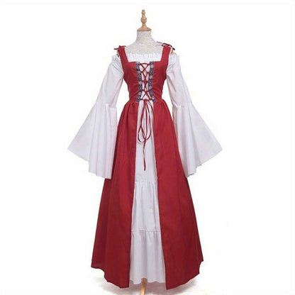[Elegant Medieval Costume] Elegant Women's Medieval Two-Piece Costume - Renaissance Drama Outfit with Corset-like Bodice & Long Flowing Skirt | Halloween, Renaissance Faire, Themed Parties | Burgundy/White, Black/White, Green