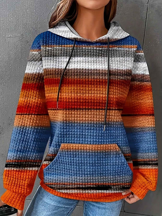 Plus Size - Women'S Plus Size Oversized Hoodie - Cozy Fall/Winter Sweatshirt with Drawstring Hood & Side Pockets, Blue/Orange/Red/Black/Gray Striped Pullover for Everyday & Formal Outfits - Casual Loose Fit Sweater, Sweater H