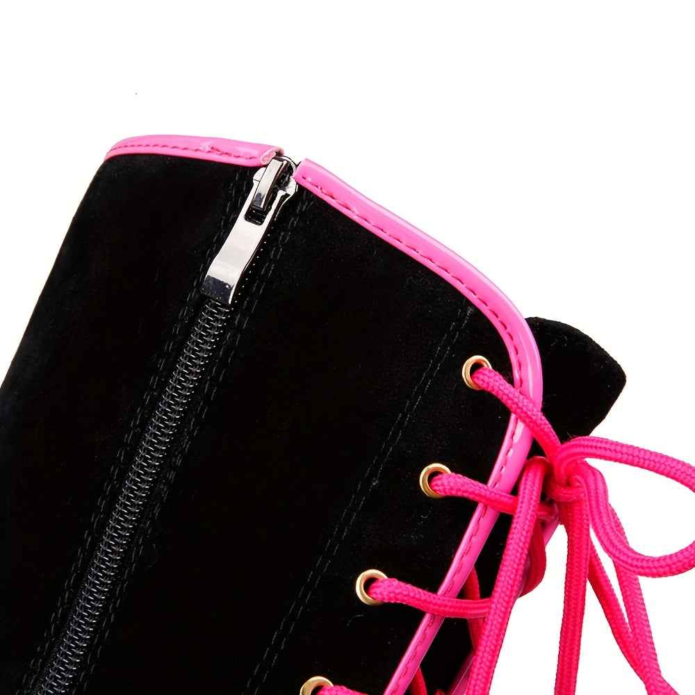 EROCALLI Women'S Gothic Y2K Platform Wedge Heel Knee-High Boots - Chunky Heel Lace-Up with Side Zipper, Faux Cover & Rubber Sole for Casual Party & Daily Wear, High Heel Boots, Party Footwear, Bold Fashion Statement, Durable