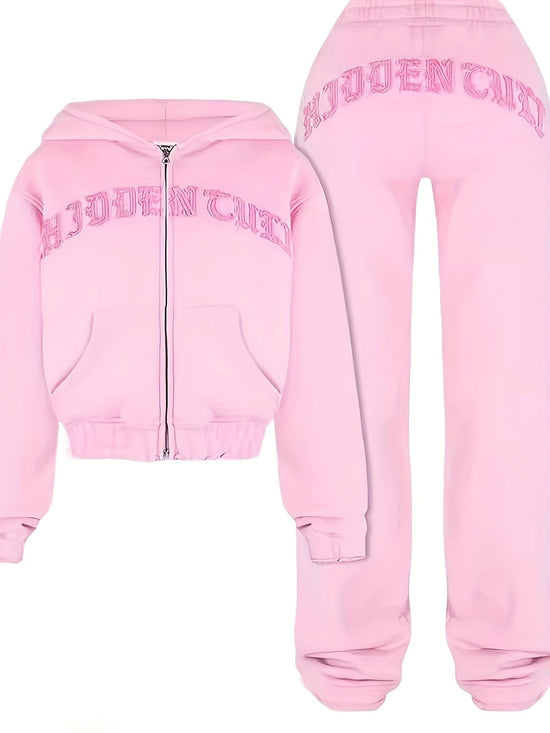 Chic Women's Athletic Set: Full-Zip Hoodie & Slim-Fit Pants - Comfortable, Adjustable, and Stylish with Letter Print Design SS69