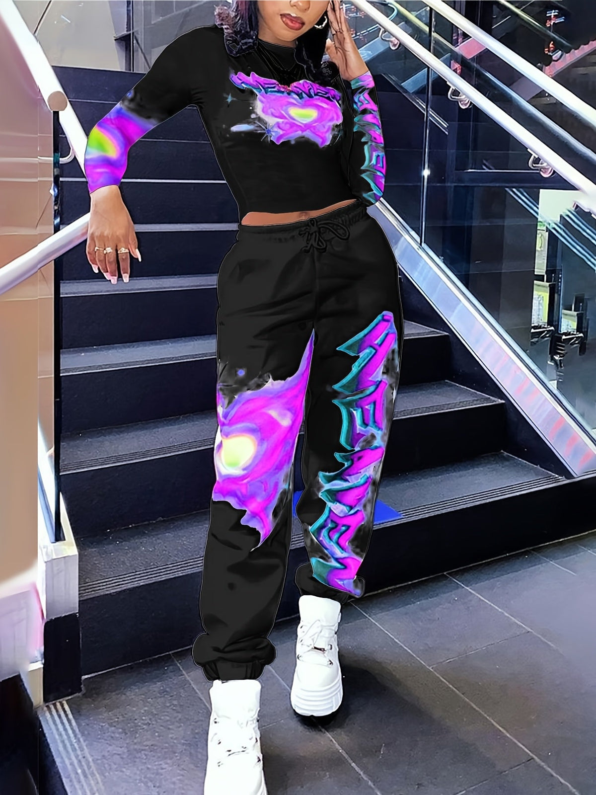[Vibrant Y2K-Inspired Activewear Set] Vibrant Y2K-Inspired Heart & Letter Print Activewear Set - Long Sleeve Crop Top & Drawstring Joggers, Polyester/Spandex Blend, Perfect for Daily Fitness & Outdoor Fashion SS69