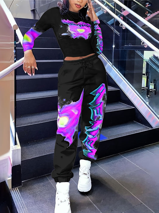 [Vibrant Y2K-Inspired Activewear Set] Vibrant Y2K-Inspired Heart & Letter Print Activewear Set - Long Sleeve Crop Top & Drawstring Joggers, Polyester/Spandex Blend, Perfect for Daily Fitness & Outdoor Fashion SS69