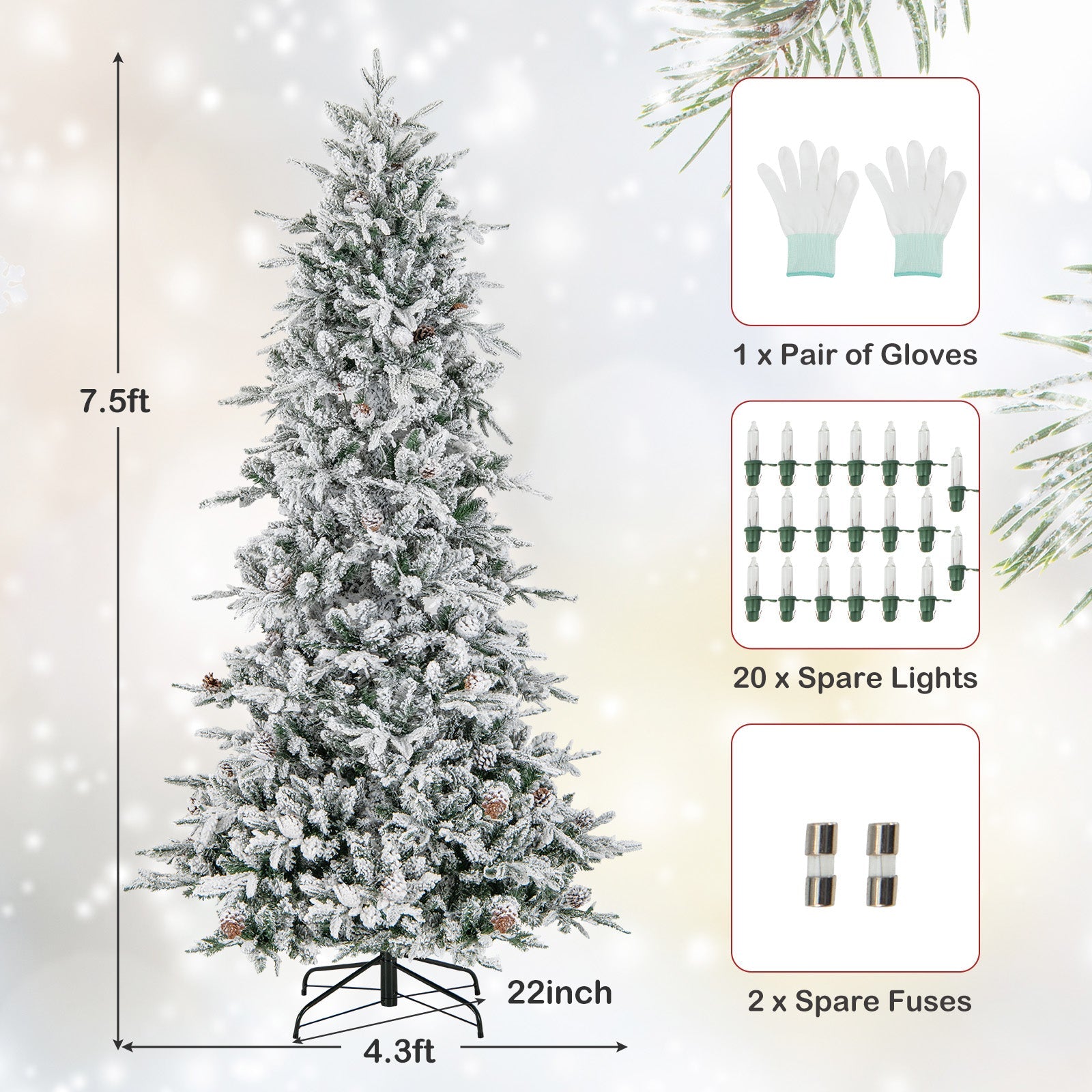 COSTWAY 6/7.5 FT Pre-Lit Artificial Christmas Tree, Snow-Flocked Hinged Xmas Tree w/ 715/1107 Branch Tips, Natural Pinecones, 210/350 Warm-White Incandescent Lights, Metal Stand, Xmas Holiday Office Home Decor SS69
