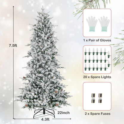 COSTWAY 6/7.5 FT Pre-Lit Artificial Christmas Tree, Snow-Flocked Hinged Xmas Tree w/ 715/1107 Branch Tips, Natural Pinecones, 210/350 Warm-White Incandescent Lights, Metal Stand, Xmas Holiday Office Home Decor SS69