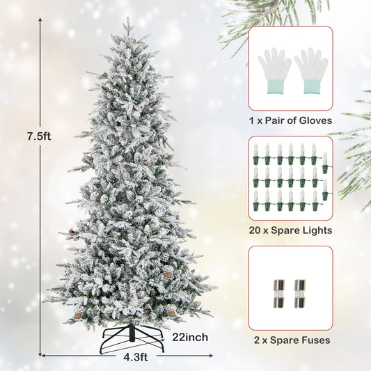 COSTWAY 6/7.5 FT Pre-Lit Artificial Christmas Tree, Snow-Flocked Hinged Xmas Tree w/ 715/1107 Branch Tips, Natural Pinecones, 210/350 Warm-White Incandescent Lights, Metal Stand, Xmas Holiday Office Home Decor SS69