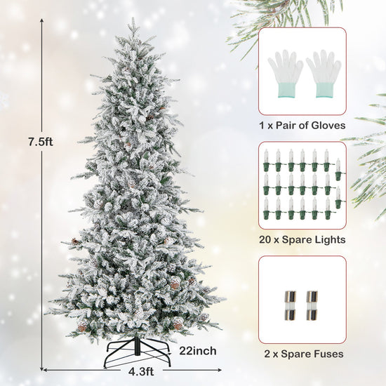 COSTWAY 6/7.5 FT Pre-Lit Artificial Christmas Tree, Snow-Flocked Hinged Xmas Tree w/ 715/1107 Branch Tips, Natural Pinecones, 210/350 Warm-White Incandescent Lights, Metal Stand, Xmas Holiday Office Home Decor SS69