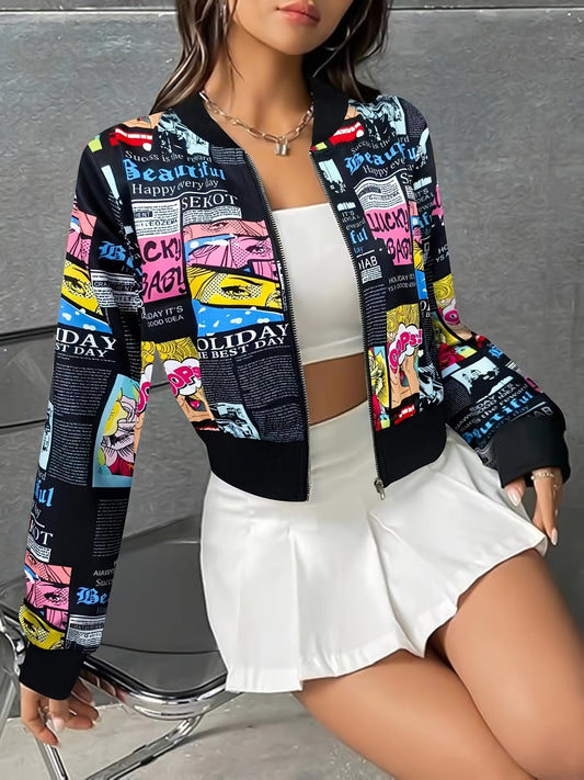 [Lightweight Anime-Inspired Jacket Casual] Women's Lightweight Anime-Inspired Jacket - Casual Zip-Up Outerwear for Spring & Fall, Polyester SS69