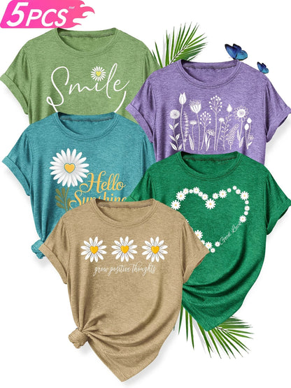 5pcs Women'S Casual Crew Neck Short Sleeve T-Shirts - Floral, Heart, and Smile Print Designs in Purple, Green, Pink, and Blue - Soft Stretch Fabric for Spring, Summer, and Fall, Plus Sizes Available, Plus Size Tee | Floral Pr SS69