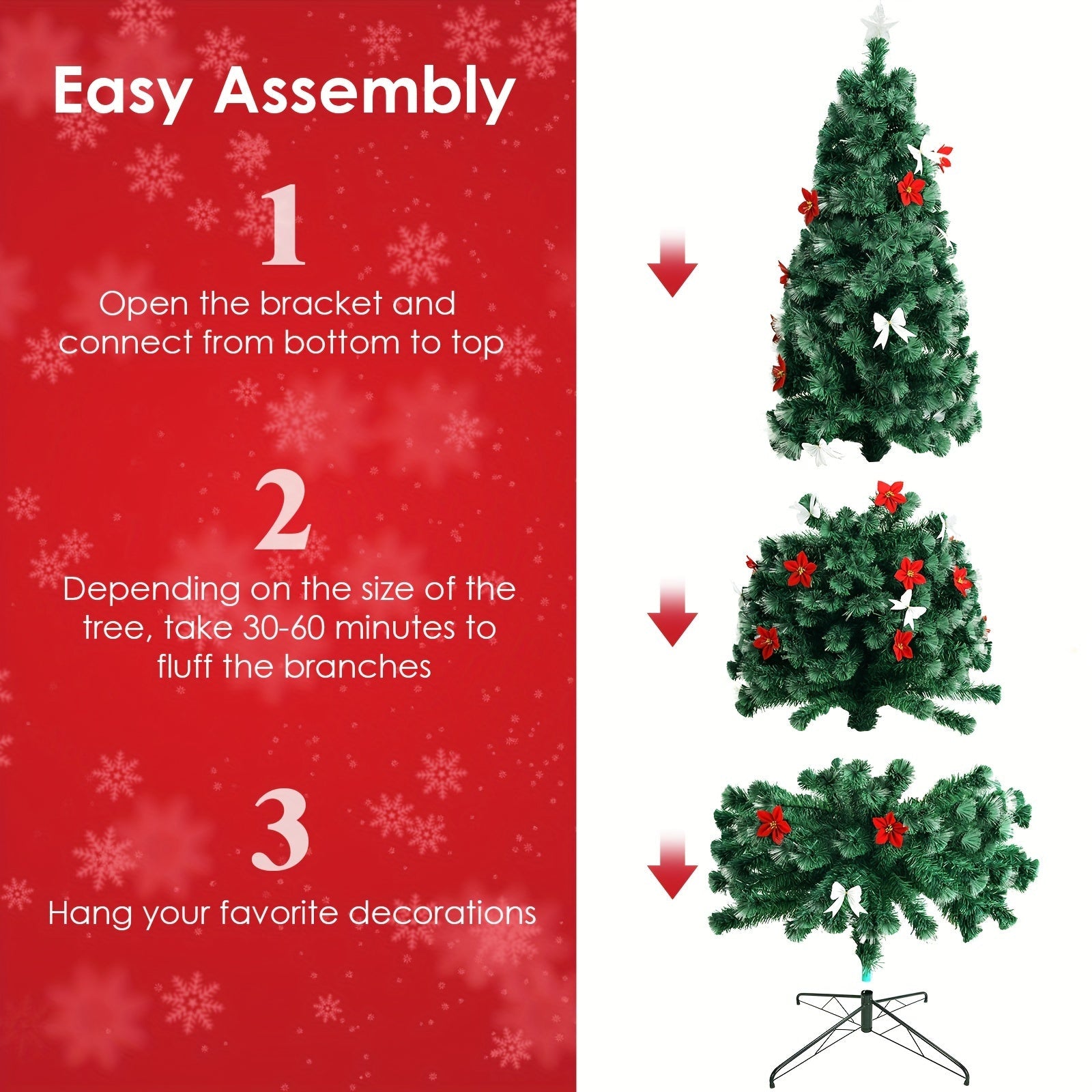 Pre-lit Christmas Tree, Fiber Optic Pre-lit Christmas Tree With Artificial Flowers And Bows, Multi-color Changing LED Lights, Starlight On Top, For Home Decoration, Holiday Party SS69