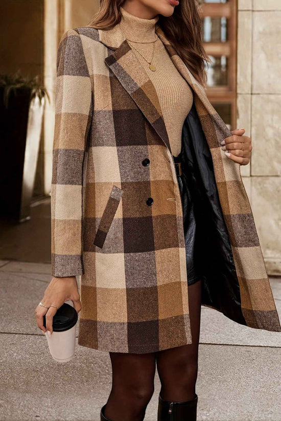 Plus Size - Plus Size - Plus Size Women'S Elegant Double-Breasted Plaid Jacket - Mid-Length Lapel Collar with Pockets, Long Sleeve, Non-Stretch Fabric, Fall/Winter Outerwear, Brown & Checkered Pattern, Casual Chic Style, Casu