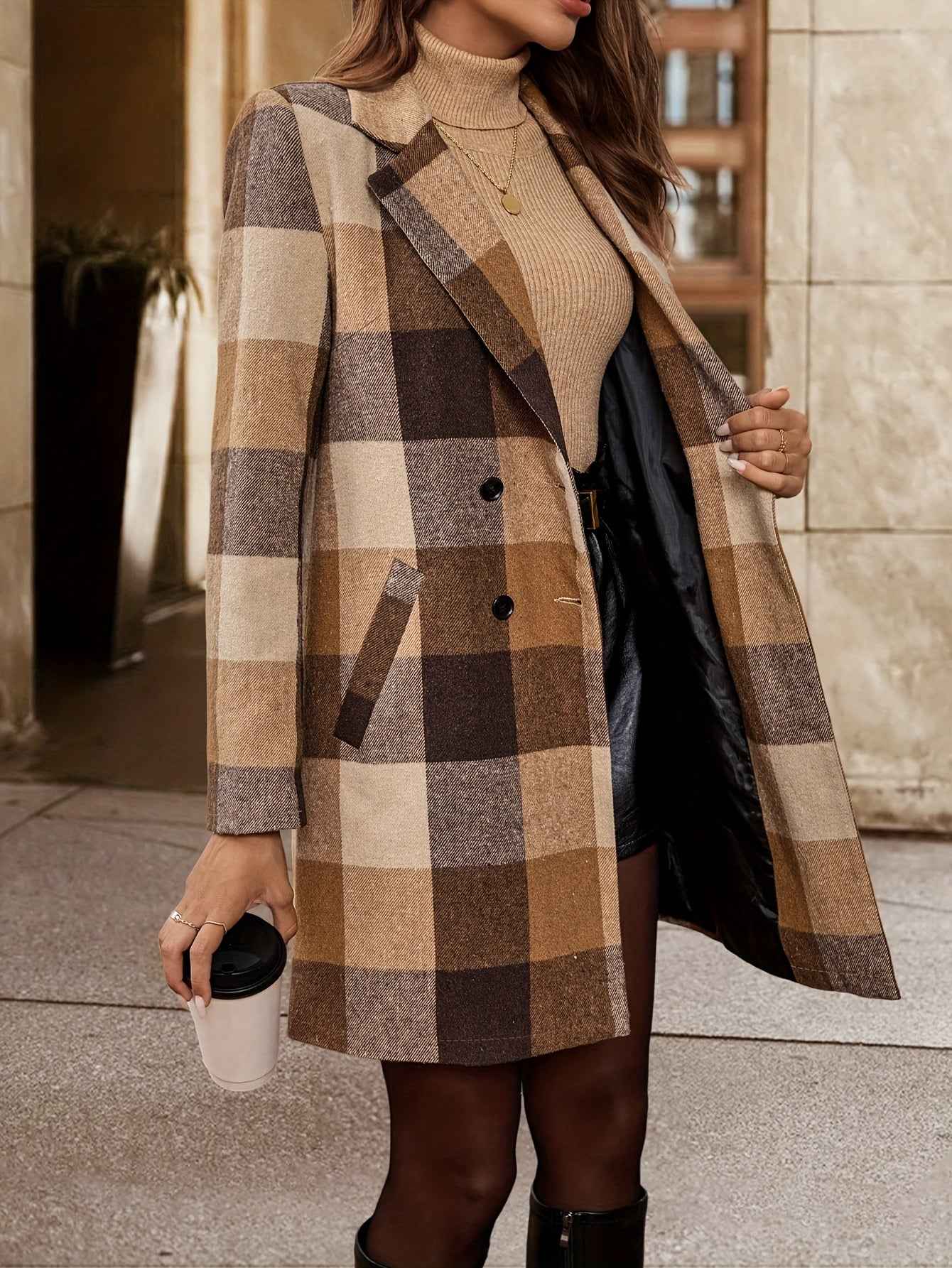 Plus Size - Plus Size - Plus Size Women'S Elegant Double-Breasted Plaid Jacket - Mid-Length Lapel Collar with Pockets, Long Sleeve, Non-Stretch Fabric, Fall/Winter Outerwear, Brown & Checkered Pattern, Casual Chic Style, Casu