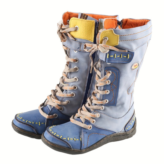 [Vintage Winter Boots] TMA EYE Vintage Winter Non-Slip Leather Boots, Powder-Coated Color-Blocking Fleece Mid-Calf Long Boots, Flat Thick-Soled Hiking Boots - SS69